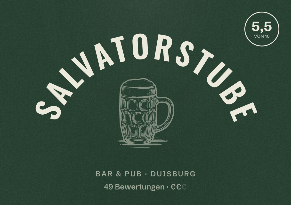 Illustriertes Poster von Salvatorstube, Bar & Pub in Duisburg: Bewertung 5,5 von 10 aus 49 Bewertungen, Preisniveau €€