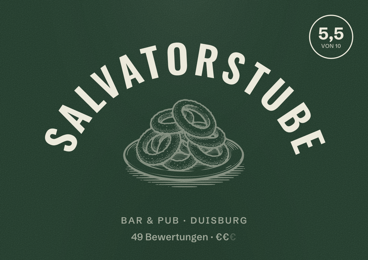 Illustriertes Poster von Salvatorstube, Bar & Pub in Duisburg: Bewertung 5,5 von 10 aus 49 Bewertungen, Preisniveau €€