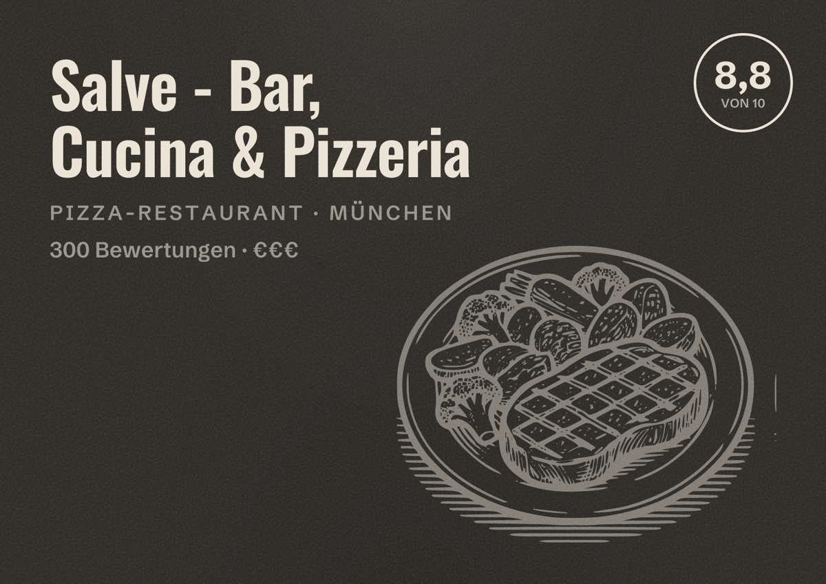 Illustriertes Poster von Salve - Bar, Cucina & Pizzeria, Pizza-Restaurant in München: Bewertung 8,8 von 10 aus 300 Bewertungen, Preisniveau €€€