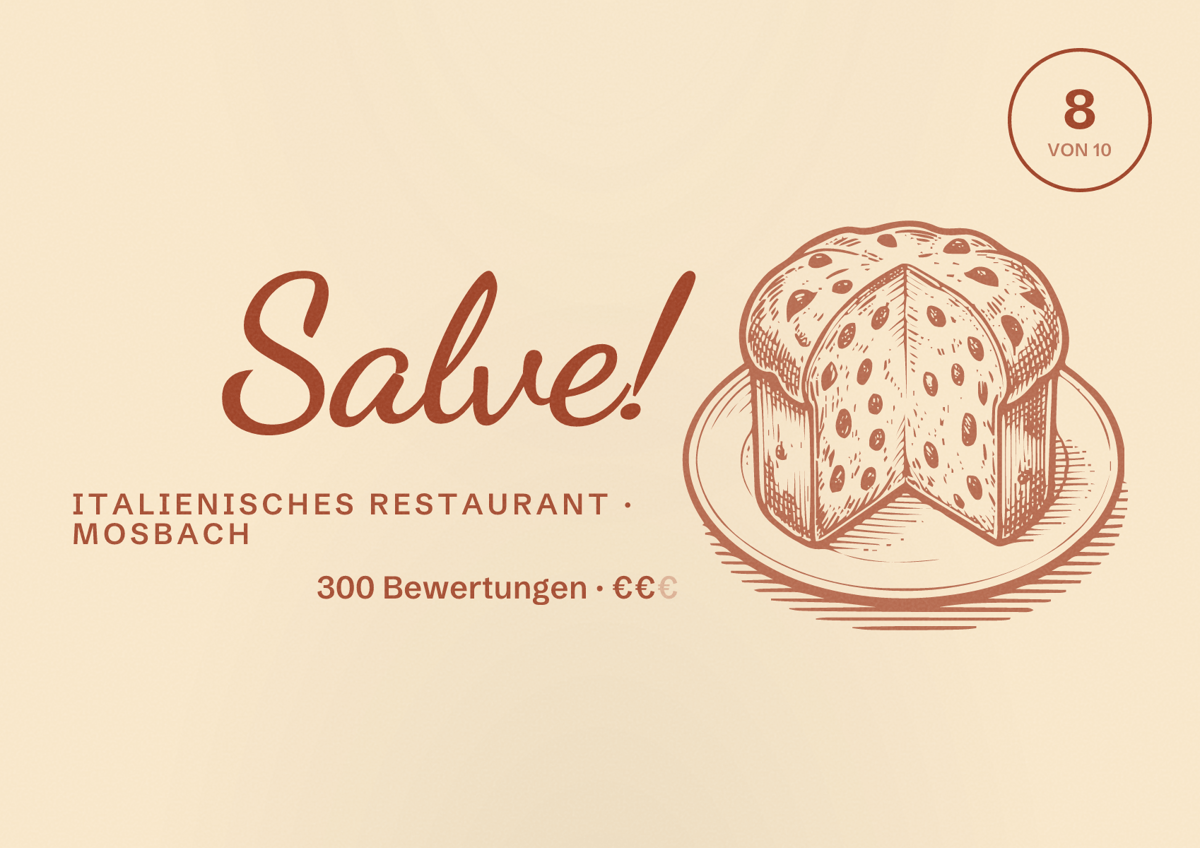 Illustriertes Poster von Salve!, Italienisches Restaurant in Mosbach: Bewertung 8 von 10 aus 300 Bewertungen, Preisniveau €€