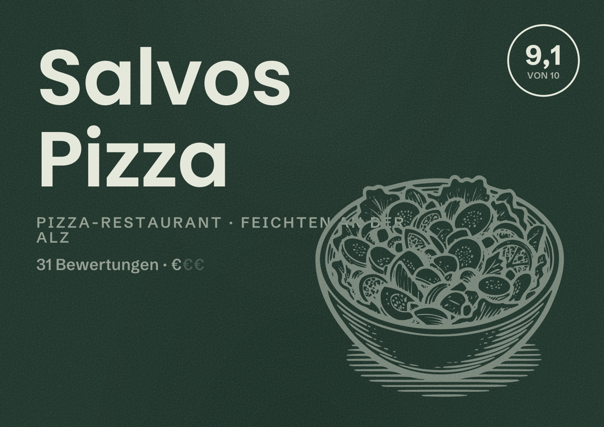 Illustriertes Poster von Salvos Pizza, Pizza-Restaurant in Feichten an der Alz: Bewertung 9,1 von 10 aus 31 Bewertungen, Preisniveau €