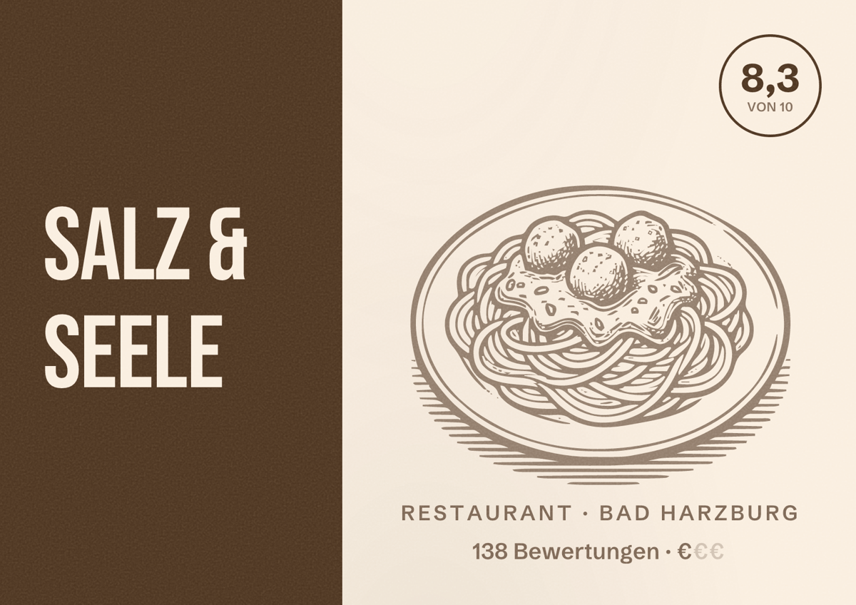 Illustriertes Poster von Salz & Seele, Restaurant in Bad Harzburg: Bewertung 8,3 von 10 aus 138 Bewertungen, Preisniveau €
