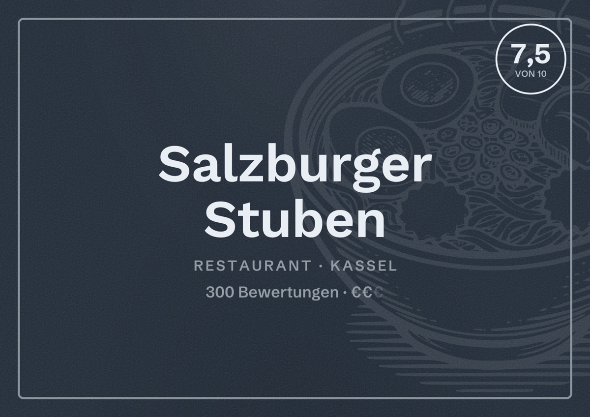 Illustriertes Poster von Salzburger Stuben, Restaurant in Kassel: Bewertung 7,5 von 10 aus 300 Bewertungen, Preisniveau €€