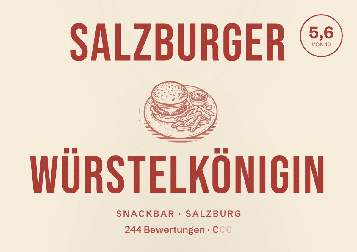 Illustriertes Poster von Salzburger Würstelkönigin, Snackbar in Salzburg: Bewertung 5,6 von 10 aus 244 Bewertungen, Preisniveau €