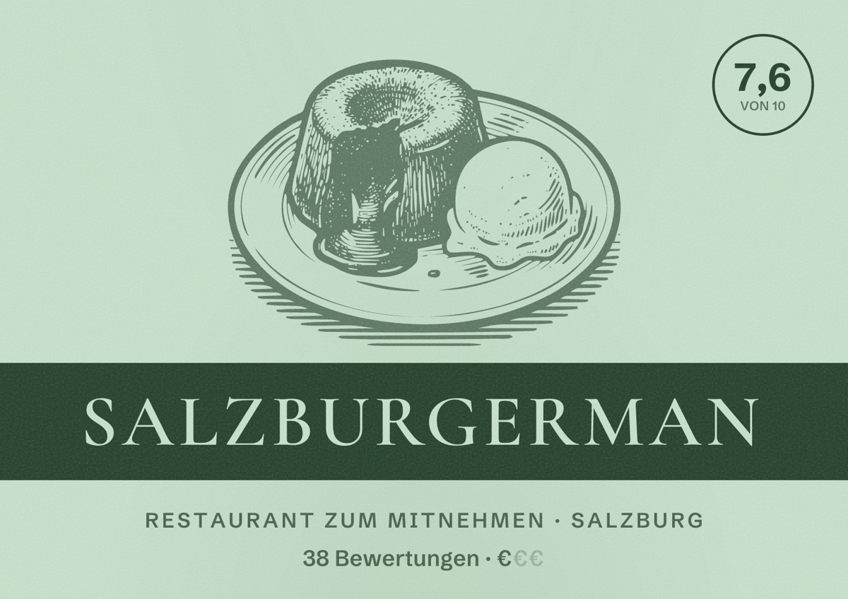 Illustriertes Poster von SalzBurgerMan, Restaurant zum Mitnehmen in Salzburg: Bewertung 7,6 von 10 aus 38 Bewertungen, Preisniveau €
