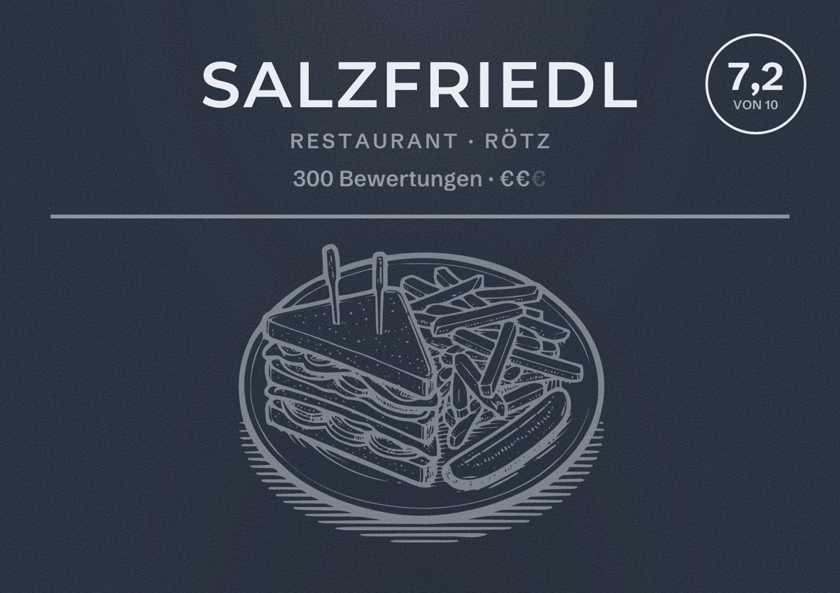 Illustriertes Poster von Salzfriedl, Restaurant in Rötz: Bewertung 7,2 von 10 aus 300 Bewertungen, Preisniveau €€