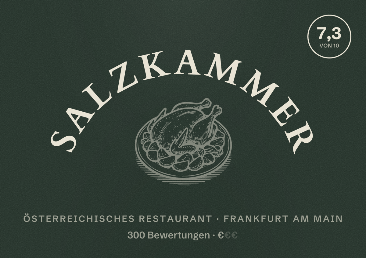 Illustriertes Poster von Salzkammer, Österreichisches Restaurant in Frankfurt am Main: Bewertung 7,3 von 10 aus 300 Bewertungen, Preisniveau €