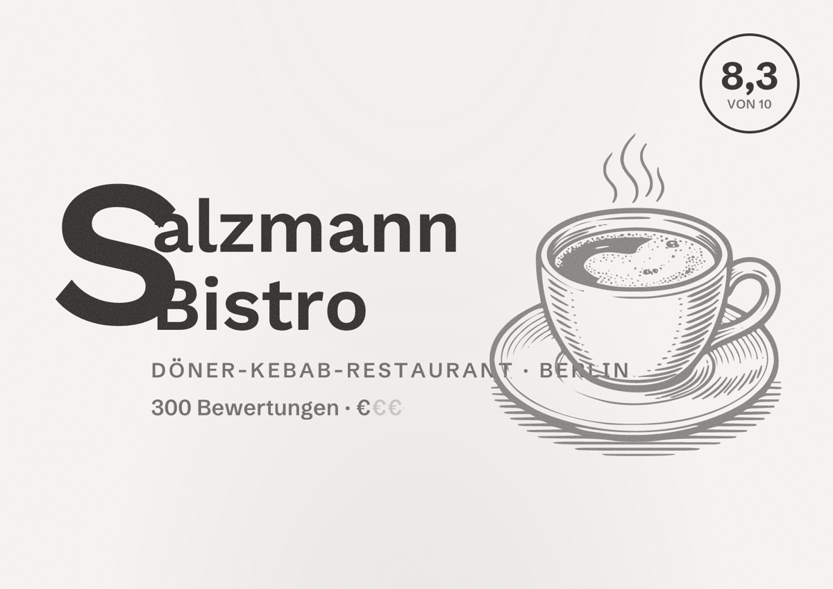 Illustriertes Poster von Salzmann Bistro, Döner-Kebab-Restaurant in Berlin: Bewertung 8,3 von 10 aus 300 Bewertungen, Preisniveau €