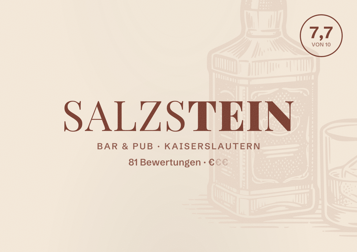 Illustriertes Poster von Salzstein, Bar & Pub in Kaiserslautern: Bewertung 7,7 von 10 aus 81 Bewertungen, Preisniveau €