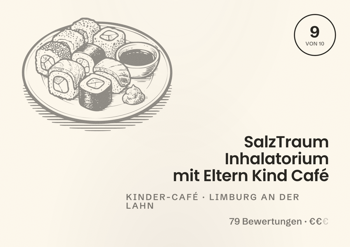Illustriertes Poster von SalzTraum Inhalatorium mit Eltern Kind Café, Kinder-Café in Limburg an der Lahn: Bewertung 9 von 10 aus 79 Bewertungen, Preisniveau €€