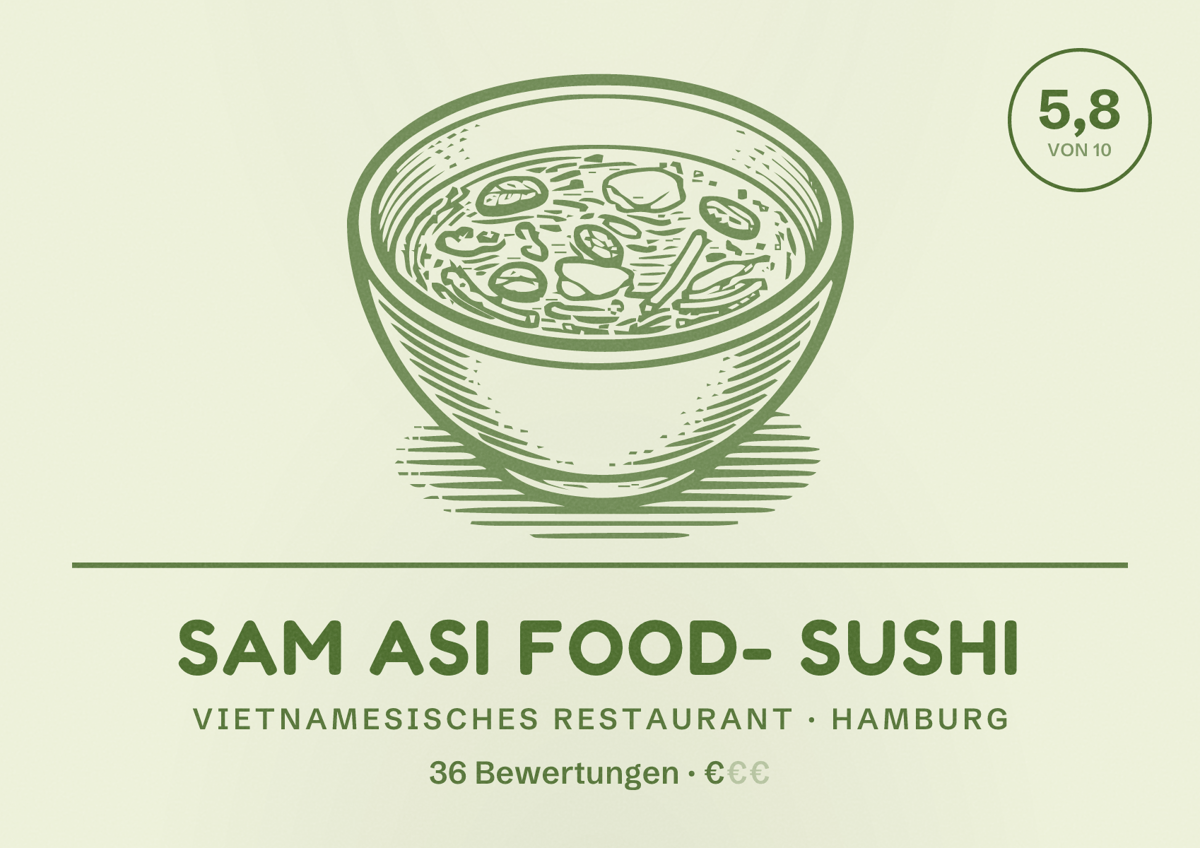Illustriertes Poster von SAM ASi Food- sushi, Vietnamesisches Restaurant in Hamburg: Bewertung 5,8 von 10 aus 36 Bewertungen, Preisniveau €