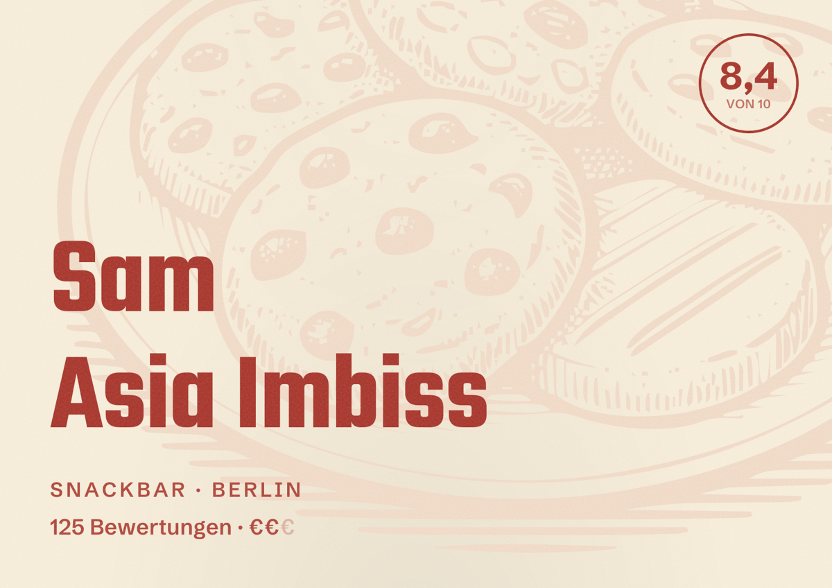 Illustriertes Poster von Sam Asia Imbiss, Snackbar in Berlin: Bewertung 8,4 von 10 aus 125 Bewertungen, Preisniveau €€