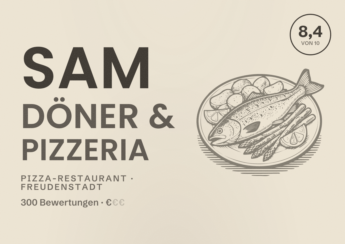 Illustriertes Poster von SAM DÖNER & PIZZERIA, Pizza-Restaurant in Freudenstadt: Bewertung 8,4 von 10 aus 300 Bewertungen, Preisniveau €