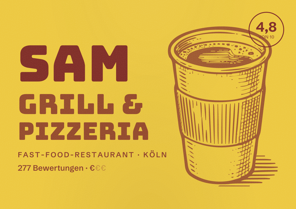 Illustriertes Poster von Sam Grill & Pizzeria, Fast-Food-Restaurant in Köln: Bewertung 4,8 von 10 aus 277 Bewertungen, Preisniveau €