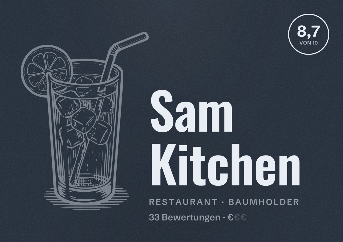 Illustriertes Poster von Sam Kitchen, Restaurant in Baumholder: Bewertung 8,7 von 10 aus 33 Bewertungen, Preisniveau €