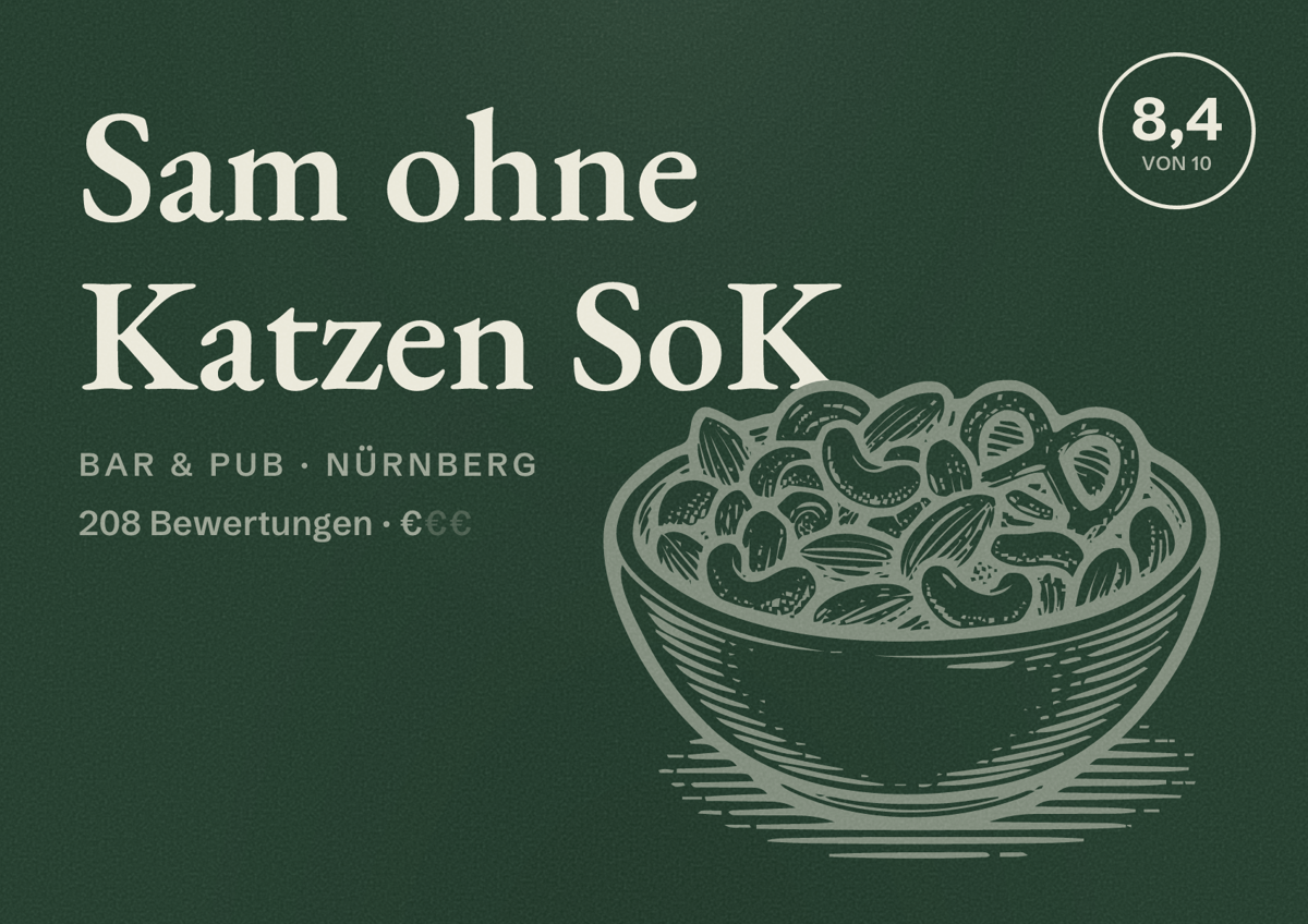 Illustriertes Poster von Sam ohne Katzen SoK, Bar & Pub in Nürnberg: Bewertung 8,4 von 10 aus 208 Bewertungen, Preisniveau €