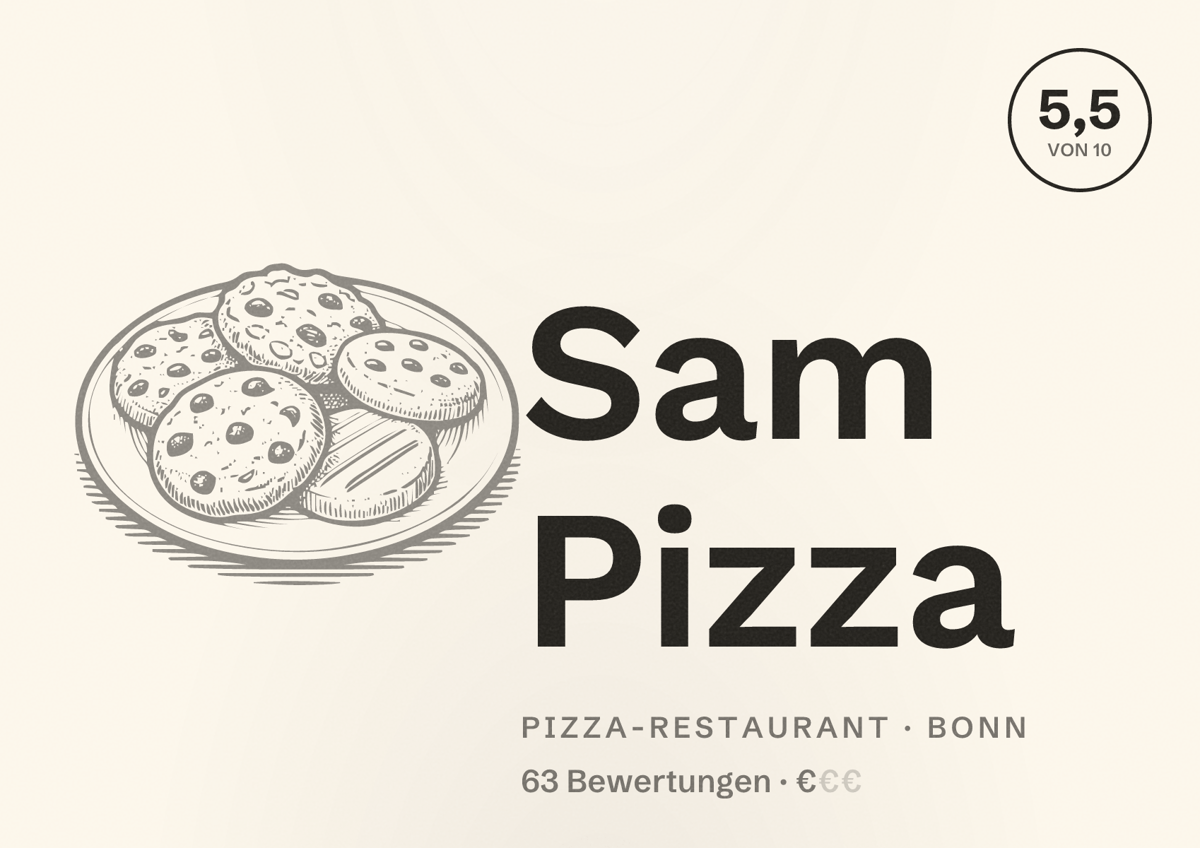 Illustriertes Poster von Sam Pizza, Pizza-Restaurant in Bonn: Bewertung 5,5 von 10 aus 63 Bewertungen, Preisniveau €