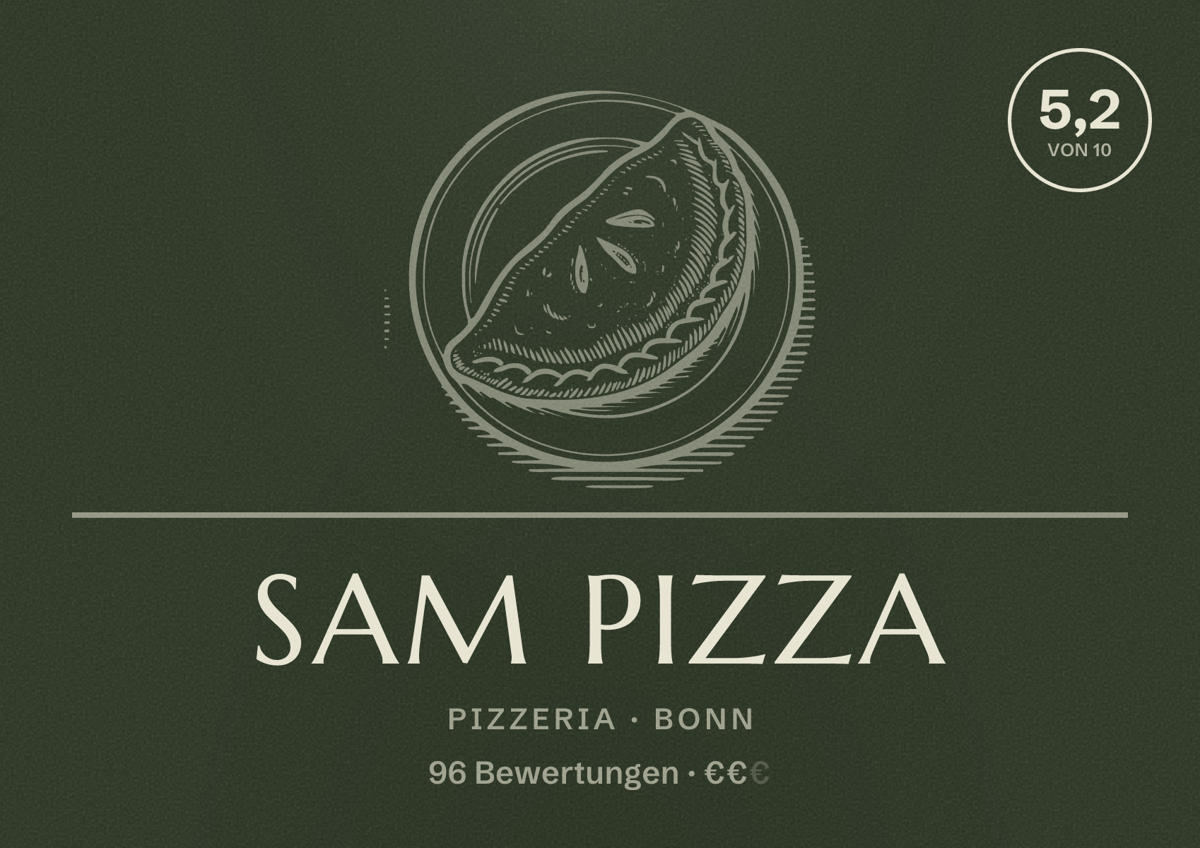 Illustriertes Poster von Sam Pizza, Pizzeria in Bonn: Bewertung 5,2 von 10 aus 96 Bewertungen, Preisniveau €€