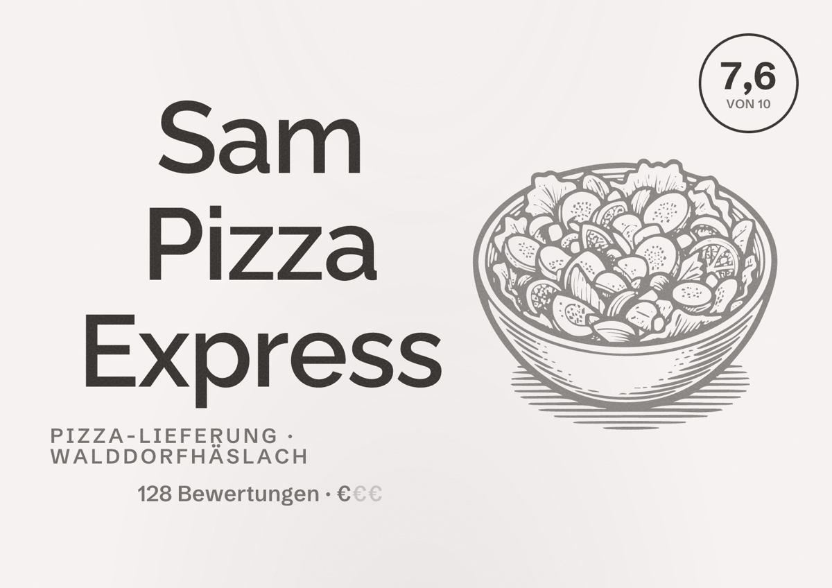 Illustriertes Poster von Sam Pizza Express, Pizza-Lieferung in Walddorfhäslach: Bewertung 7,6 von 10 aus 128 Bewertungen, Preisniveau €