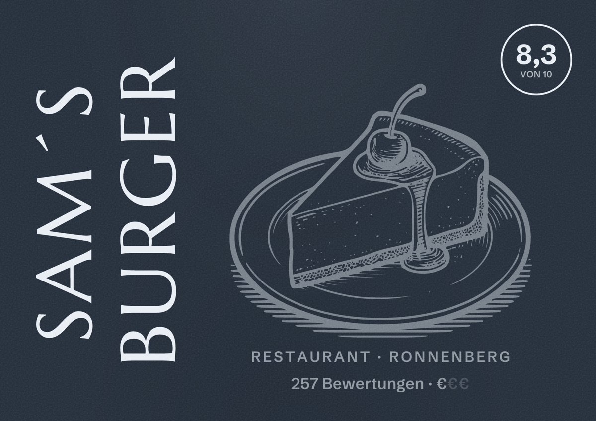 Illustriertes Poster von Sam´s Burger, Restaurant in Ronnenberg: Bewertung 8,3 von 10 aus 257 Bewertungen, Preisniveau €