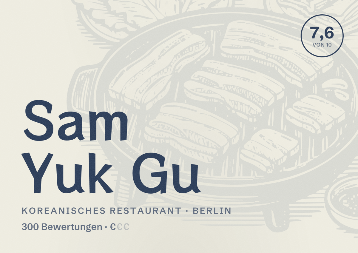 Illustriertes Poster von Sam Yuk Gu, Koreanisches Restaurant in Berlin: Bewertung 7,6 von 10 aus 300 Bewertungen, Preisniveau €