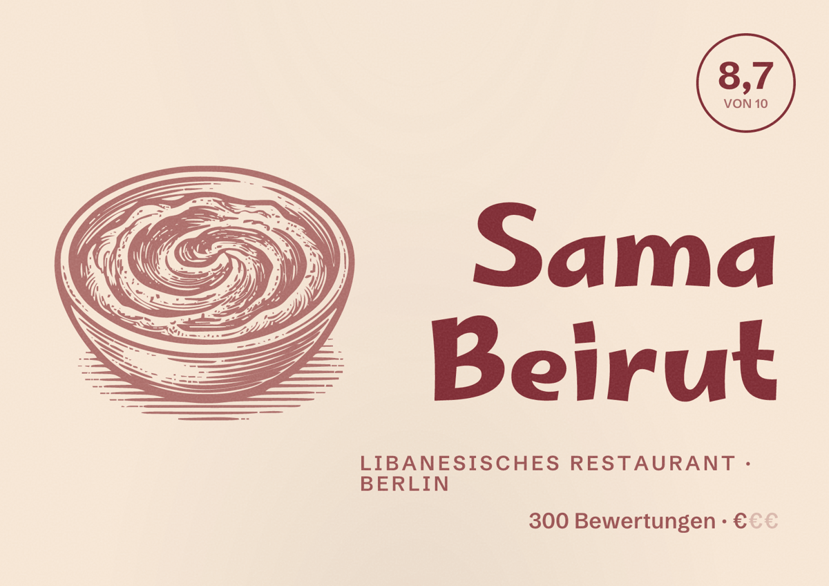 Illustriertes Poster von Sama Beirut, Libanesisches Restaurant in Berlin: Bewertung 8,7 von 10 aus 300 Bewertungen, Preisniveau €
