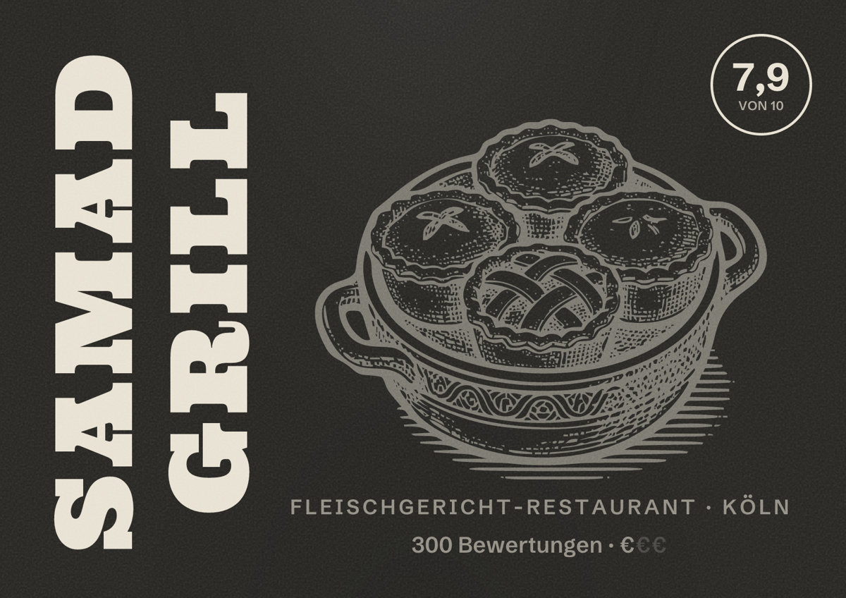 Illustriertes Poster von Samad Grill, Fleischgericht-Restaurant in Köln: Bewertung 7,9 von 10 aus 300 Bewertungen, Preisniveau €