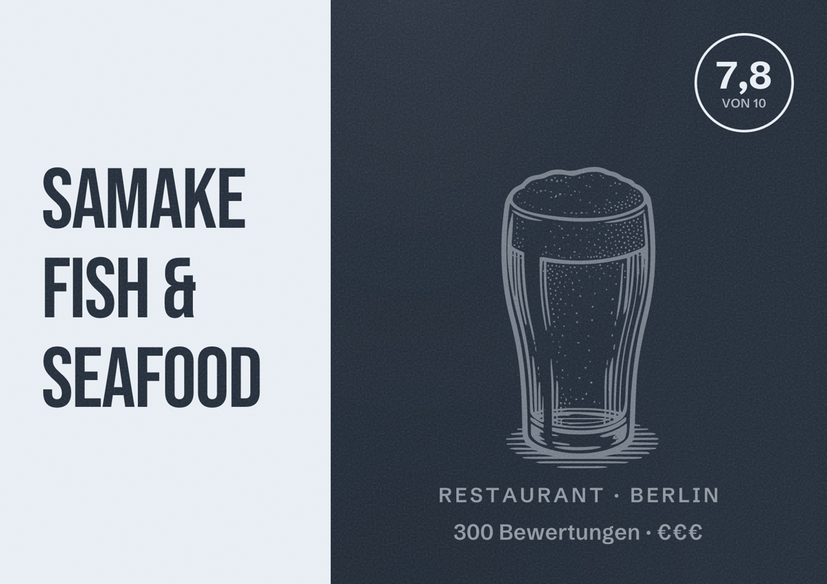 Illustriertes Poster von Samake Fish & Seafood, Restaurant in Berlin: Bewertung 7,8 von 10 aus 300 Bewertungen, Preisniveau €€€
