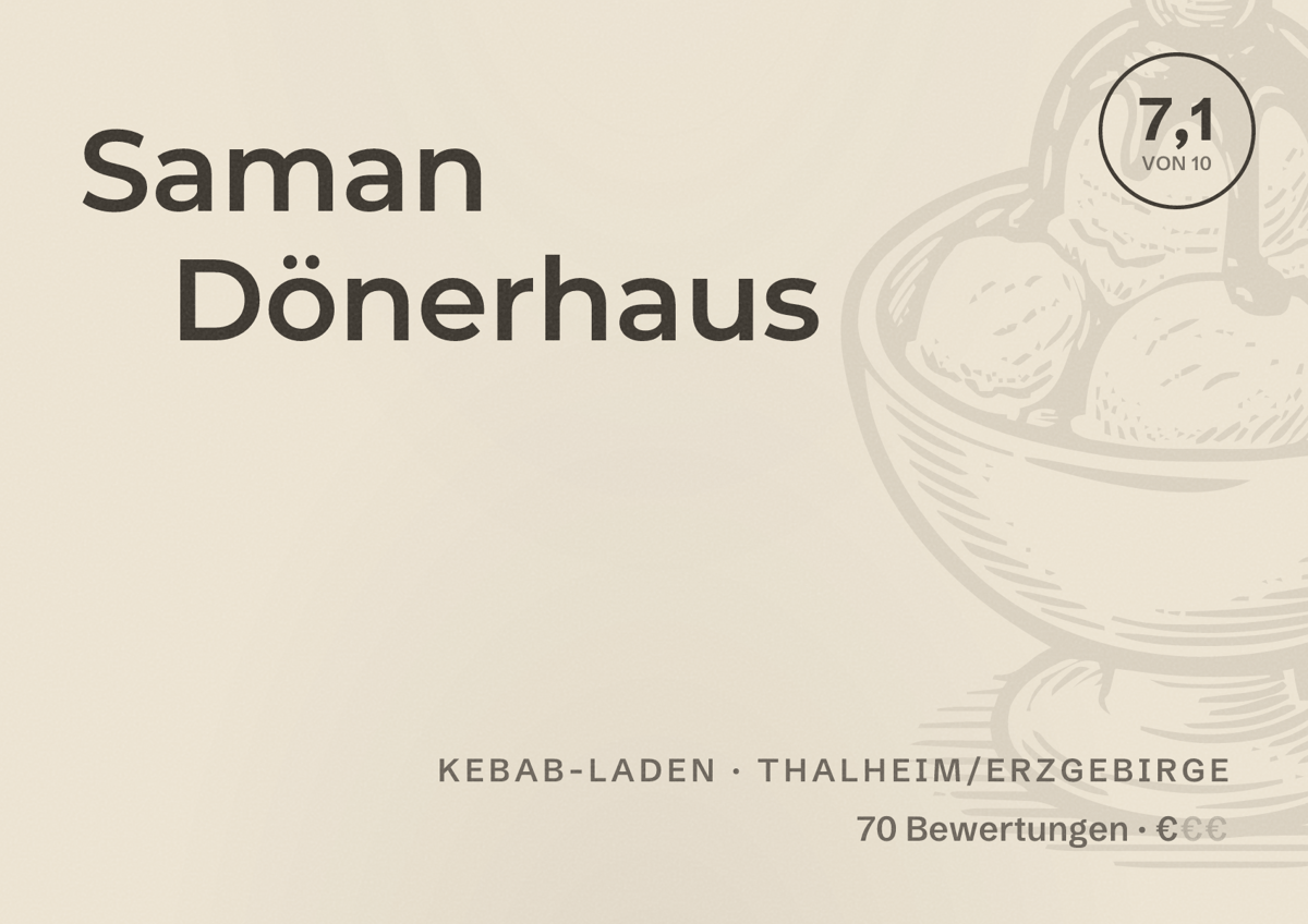 Illustriertes Poster von Saman Dönerhaus, Kebab-Laden in Thalheim/Erzgebirge: Bewertung 7,1 von 10 aus 70 Bewertungen, Preisniveau €