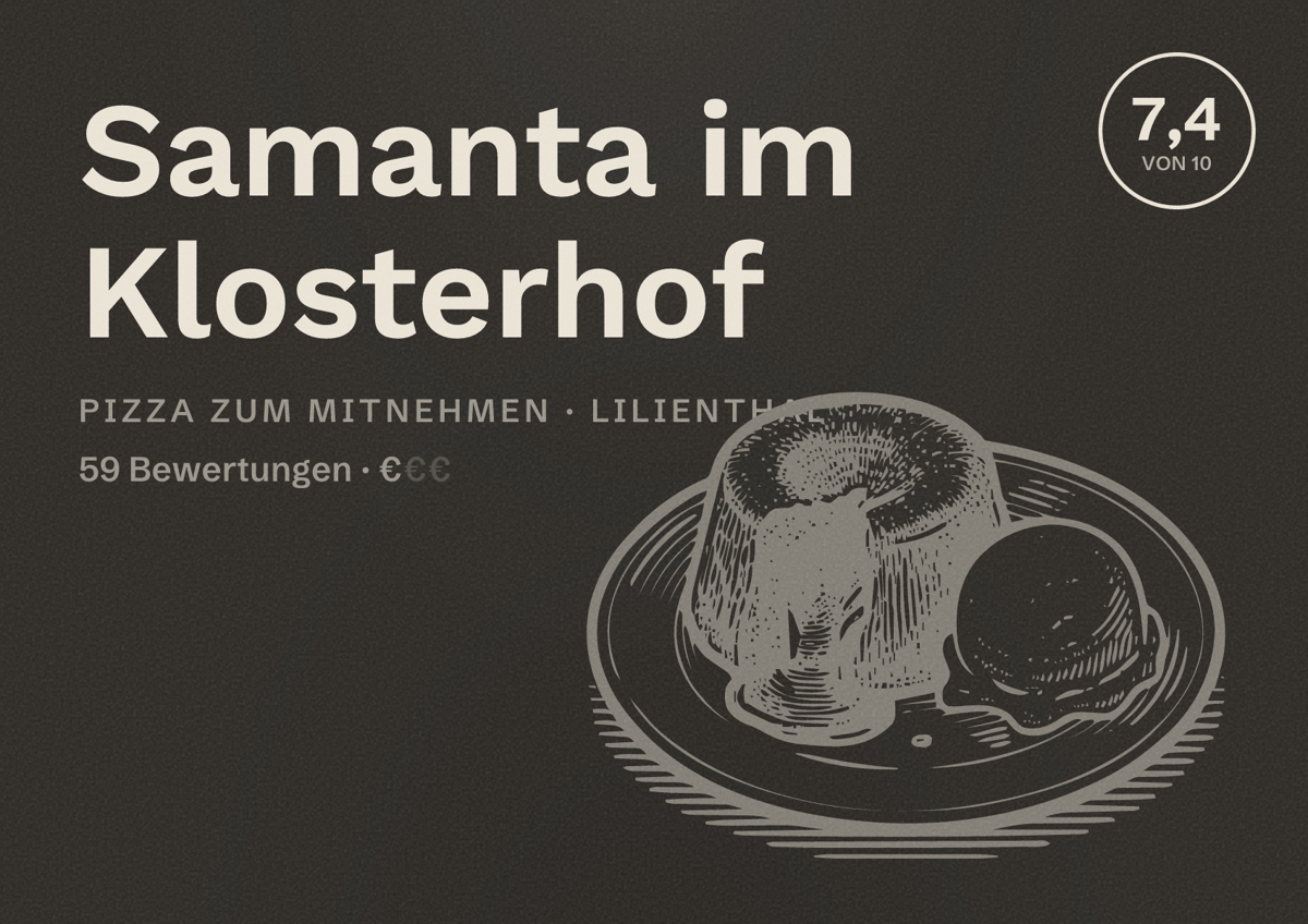 Illustriertes Poster von Samanta im Klosterhof, Pizza zum Mitnehmen in Lilienthal: Bewertung 7,4 von 10 aus 59 Bewertungen, Preisniveau €