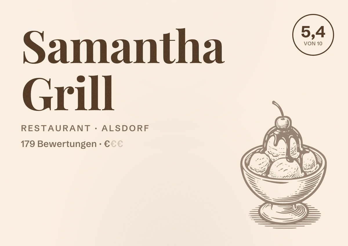 Illustriertes Poster von Samantha Grill, Restaurant in Alsdorf: Bewertung 5,4 von 10 aus 179 Bewertungen, Preisniveau €