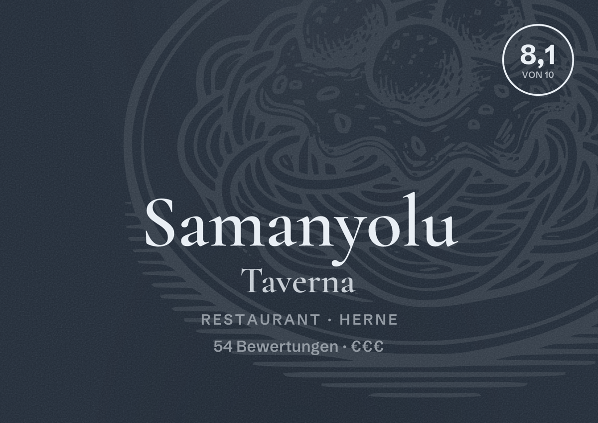 Illustriertes Poster von Samanyolu Taverna, Restaurant in Herne: Bewertung 8,1 von 10 aus 54 Bewertungen, Preisniveau €€€