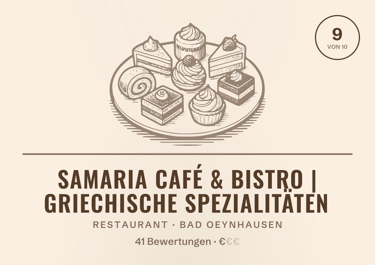Illustriertes Poster von Samaria Café & Bistro | Griechische Spezialitäten, Restaurant in Bad Oeynhausen: Bewertung 9 von 10 aus 41 Bewertungen, Preisniveau €