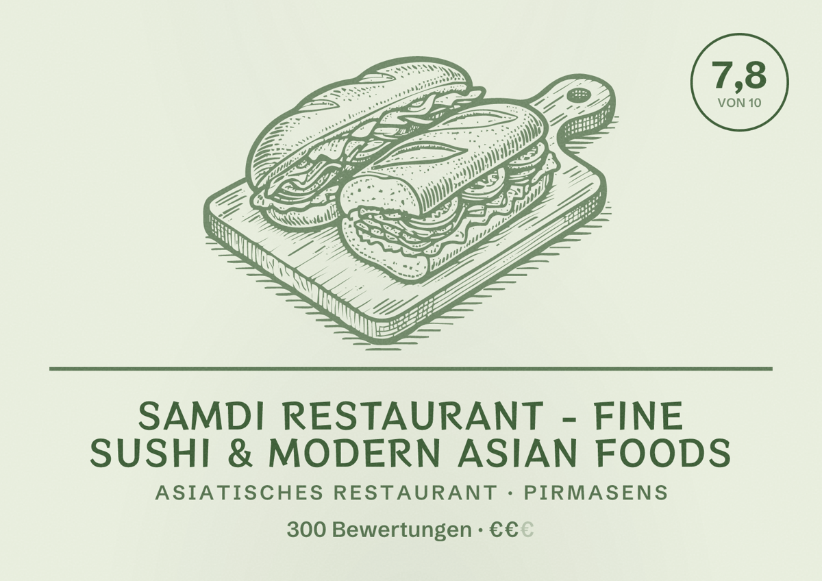 Illustriertes Poster von SAMDI Restaurant - Fine Sushi & Modern Asian Foods, Asiatisches Restaurant in Pirmasens: Bewertung 7,8 von 10 aus 300 Bewertungen, Preisniveau €€