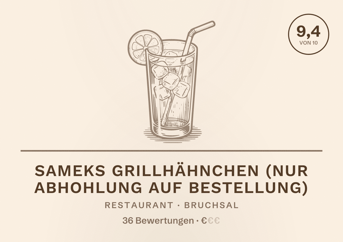 Illustriertes Poster von Sameks Grillhähnchen (Nur Abhohlung auf Bestellung), Restaurant in Bruchsal: Bewertung 9,4 von 10 aus 36 Bewertungen, Preisniveau €