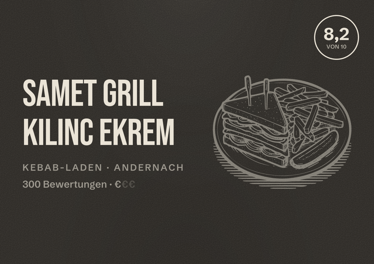 Illustriertes Poster von Samet Grill Kilinc Ekrem, Kebab-Laden in Andernach: Bewertung 8,2 von 10 aus 300 Bewertungen, Preisniveau €