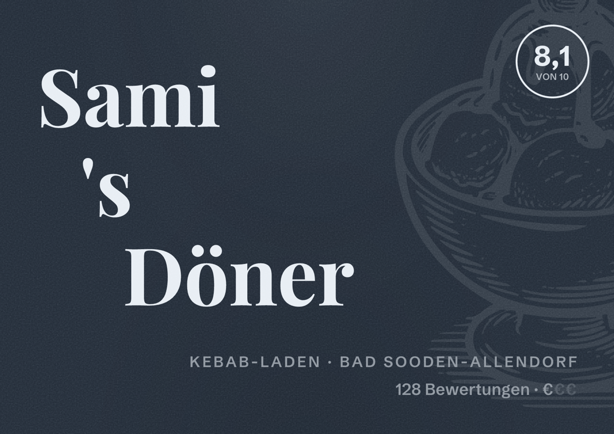 Illustriertes Poster von Sami 's Döner, Kebab-Laden in Bad Sooden-Allendorf: Bewertung 8,1 von 10 aus 128 Bewertungen, Preisniveau €