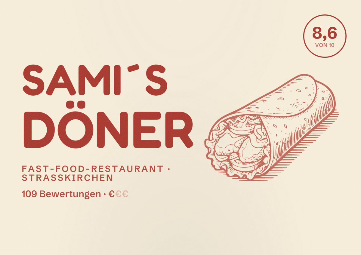 Illustriertes Poster von Sami´s Döner, Fast-Food-Restaurant in Straßkirchen: Bewertung 8,6 von 10 aus 109 Bewertungen, Preisniveau €