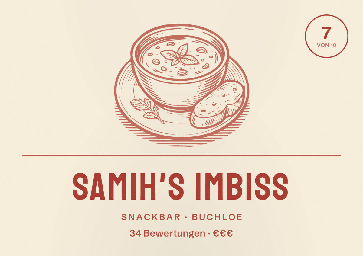 Illustriertes Poster von Samih's Imbiss, Snackbar in Buchloe: Bewertung 7 von 10 aus 34 Bewertungen, Preisniveau €€€