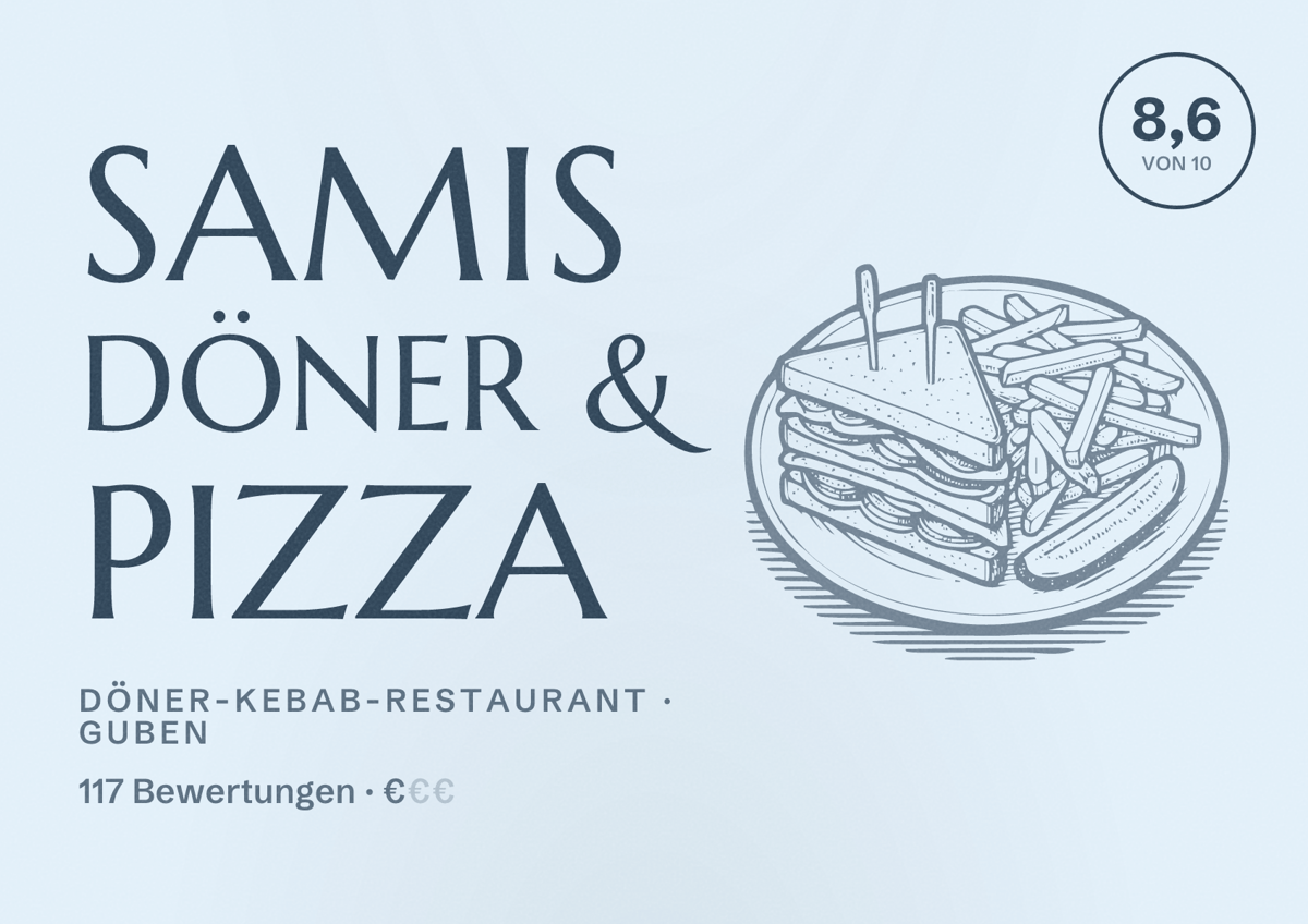 Illustriertes Poster von Samis Döner & Pizza, Döner-Kebab-Restaurant in Guben: Bewertung 8,6 von 10 aus 117 Bewertungen, Preisniveau €