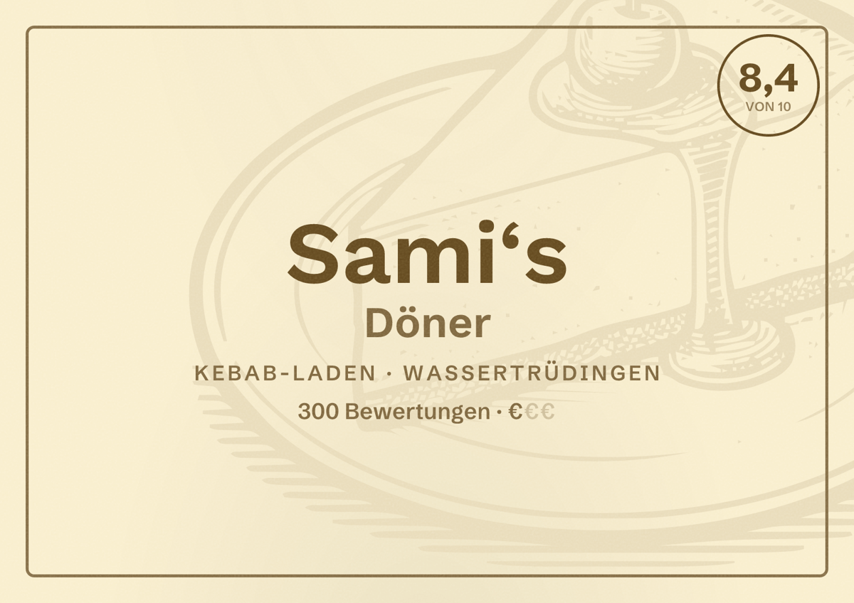 Illustriertes Poster von Sami‘s Döner, Kebab-Laden in Wassertrüdingen: Bewertung 8,4 von 10 aus 300 Bewertungen, Preisniveau €