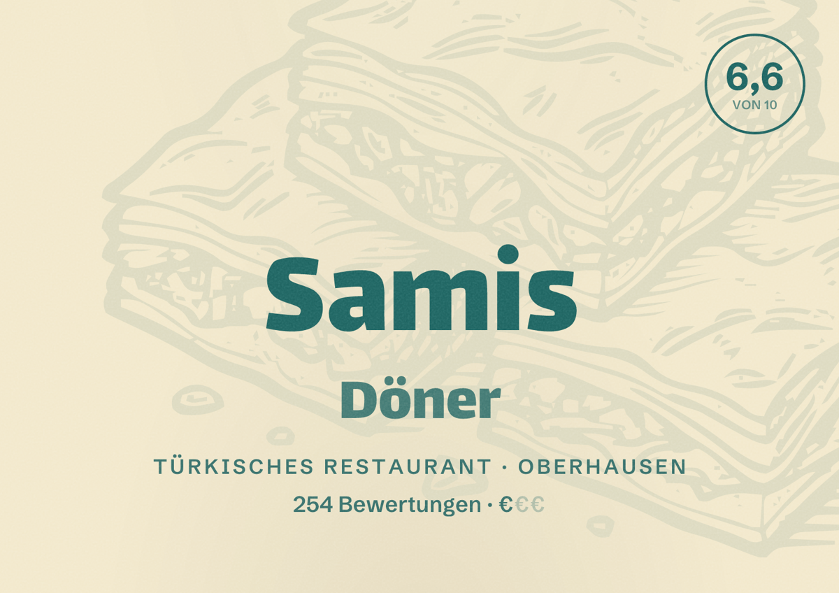Illustriertes Poster von Samis Döner, Türkisches Restaurant in Oberhausen: Bewertung 6,6 von 10 aus 254 Bewertungen, Preisniveau €