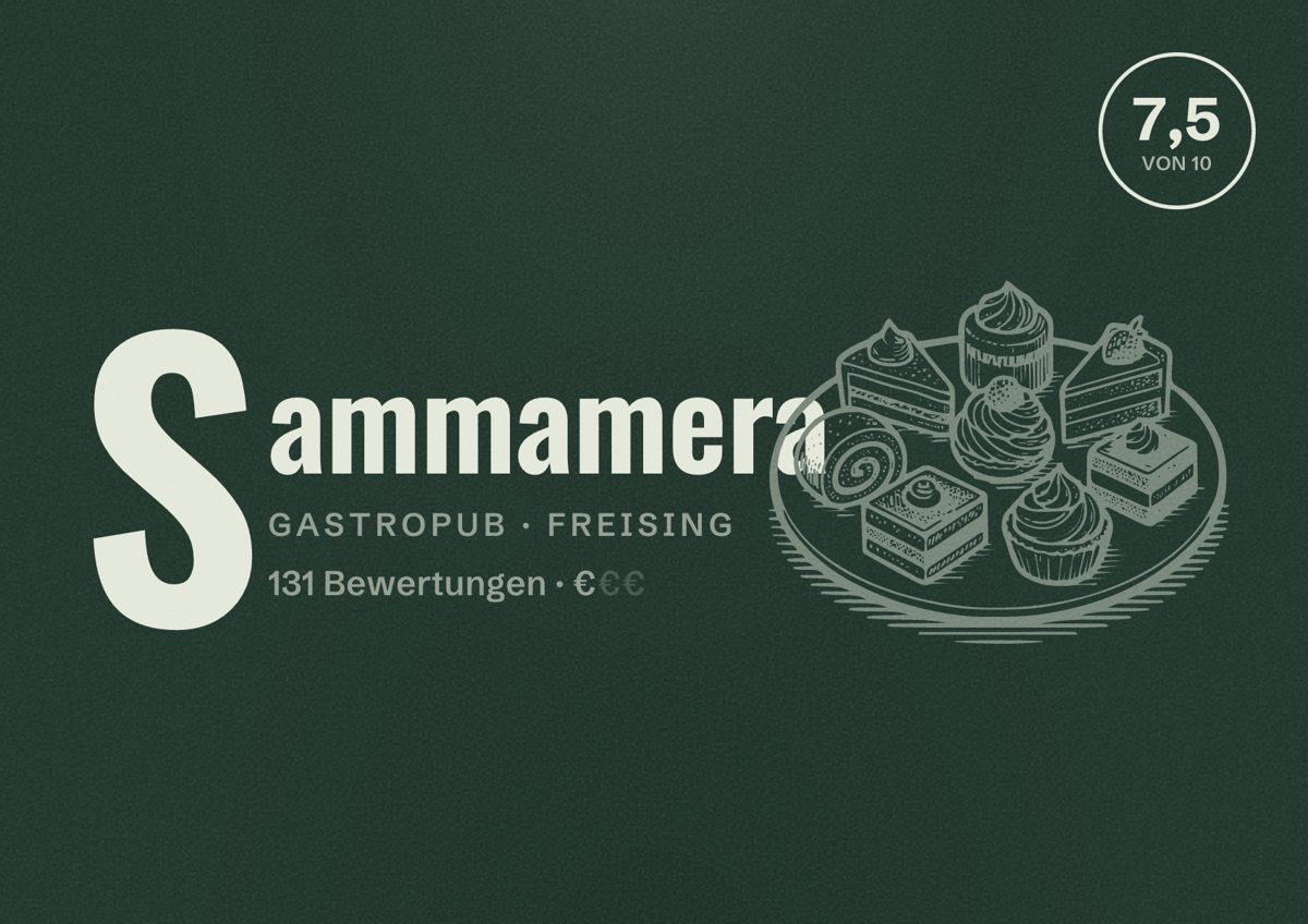Illustriertes Poster von Sammamera, Gastropub in Freising: Bewertung 7,5 von 10 aus 131 Bewertungen, Preisniveau €