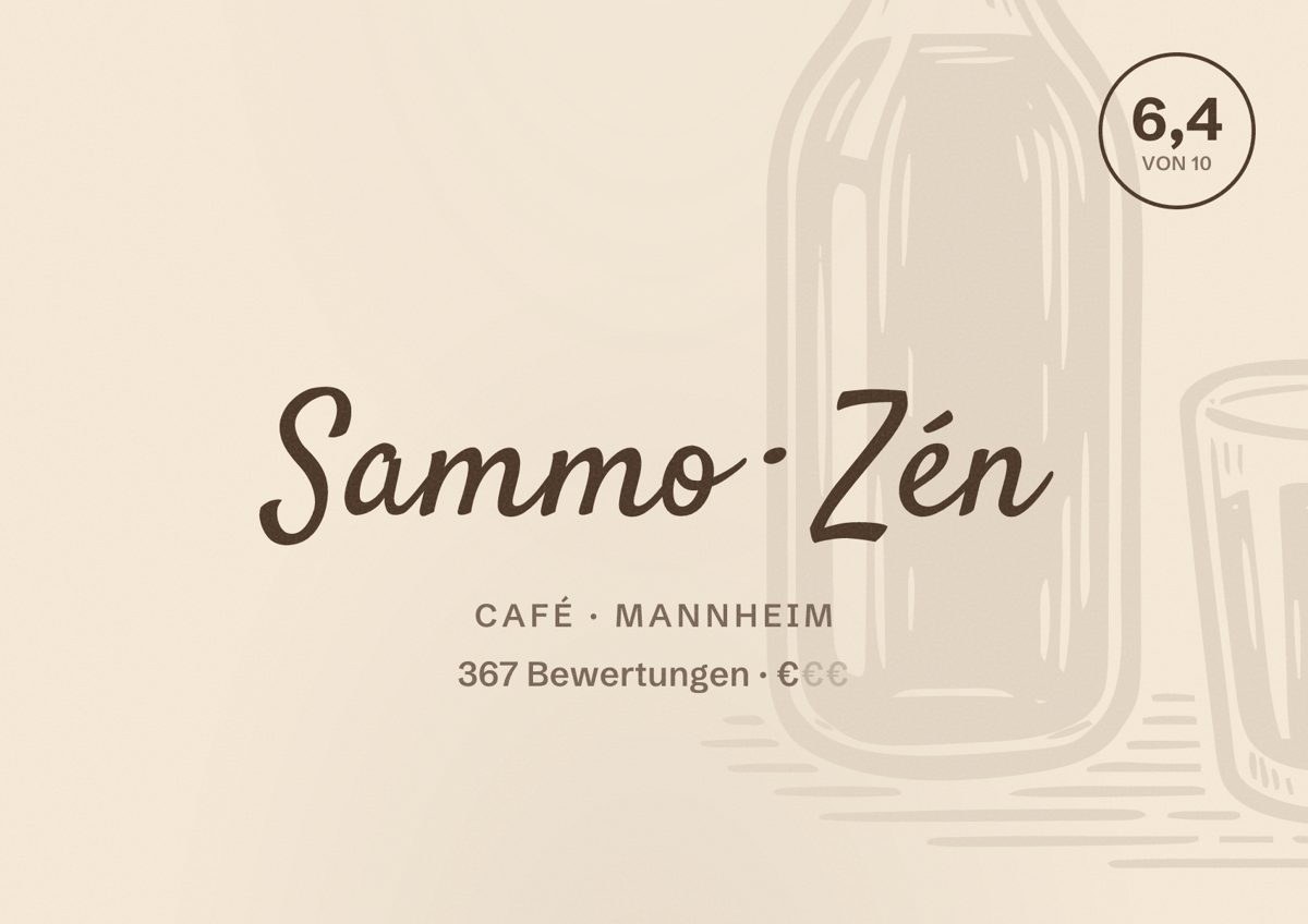 Illustriertes Poster von Sammo Zén, Café in Mannheim: Bewertung 6,4 von 10 aus 367 Bewertungen, Preisniveau €