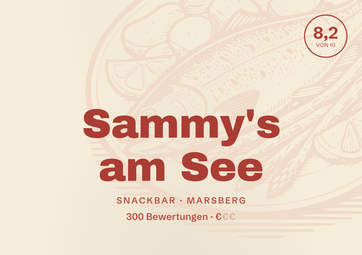 Illustriertes Poster von Sammy's am See, Snackbar in Marsberg: Bewertung 8,2 von 10 aus 300 Bewertungen, Preisniveau €