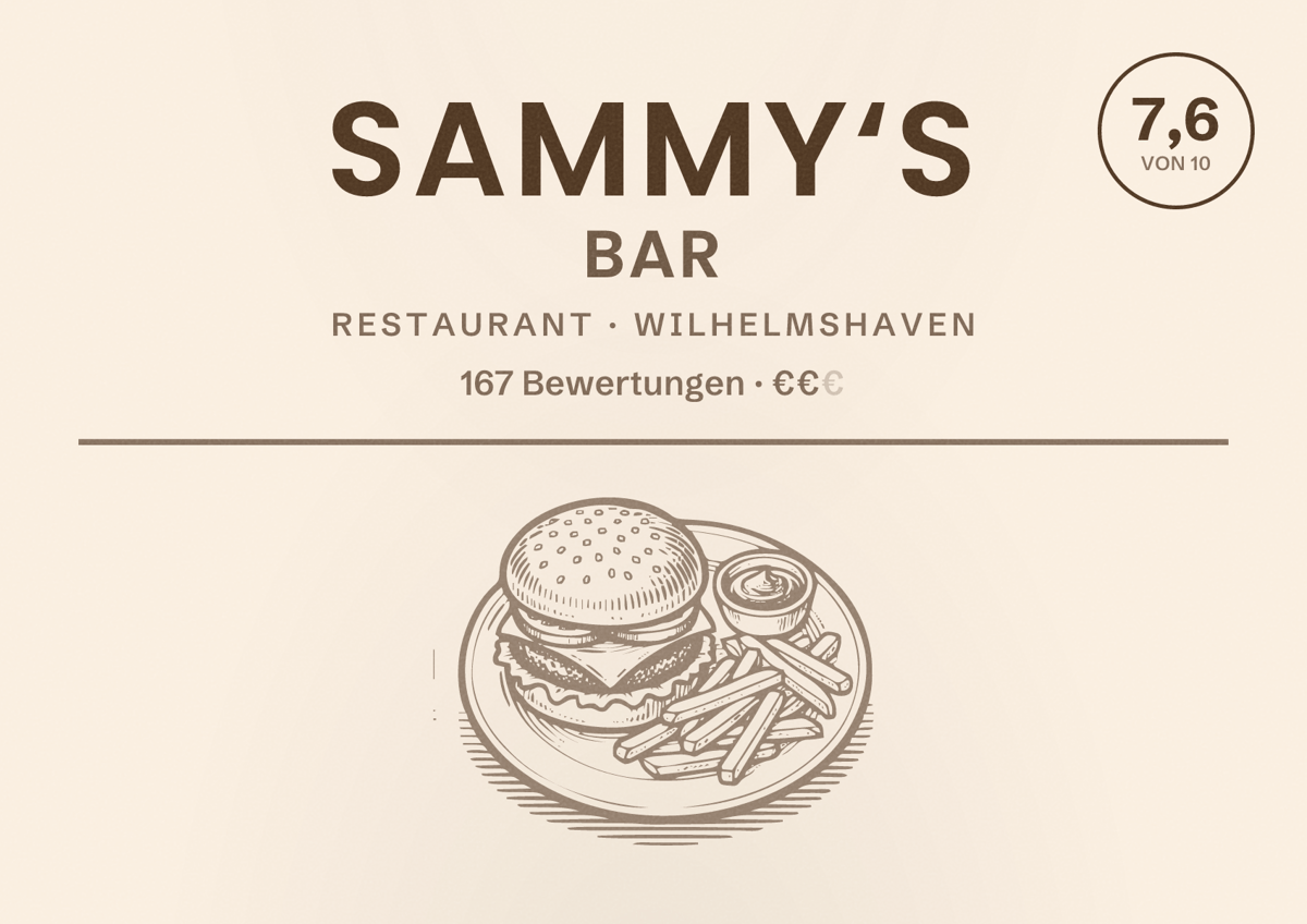 Illustriertes Poster von Sammy‘s Bar, Restaurant in Wilhelmshaven: Bewertung 7,6 von 10 aus 167 Bewertungen, Preisniveau €€