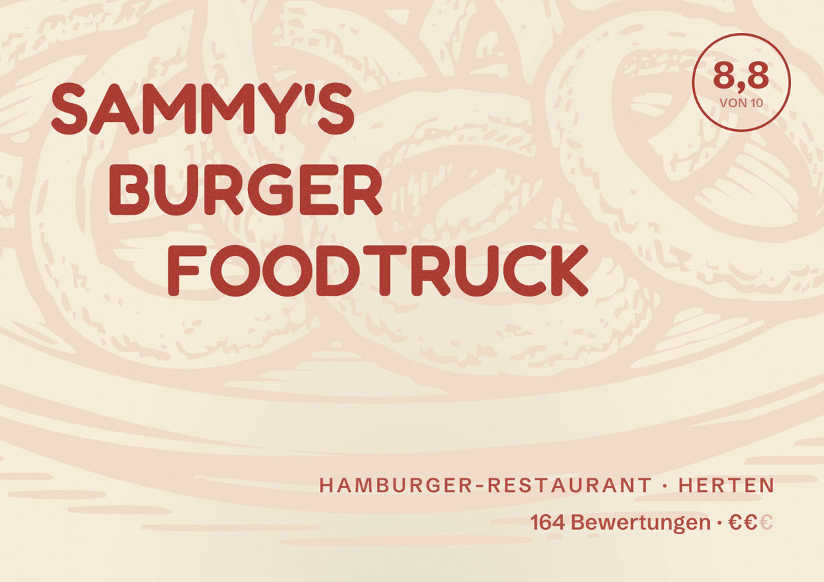 Illustriertes Poster von SAMMY'S BURGER FOODTRUCK, Hamburger-Restaurant in Herten: Bewertung 8,8 von 10 aus 164 Bewertungen, Preisniveau €€