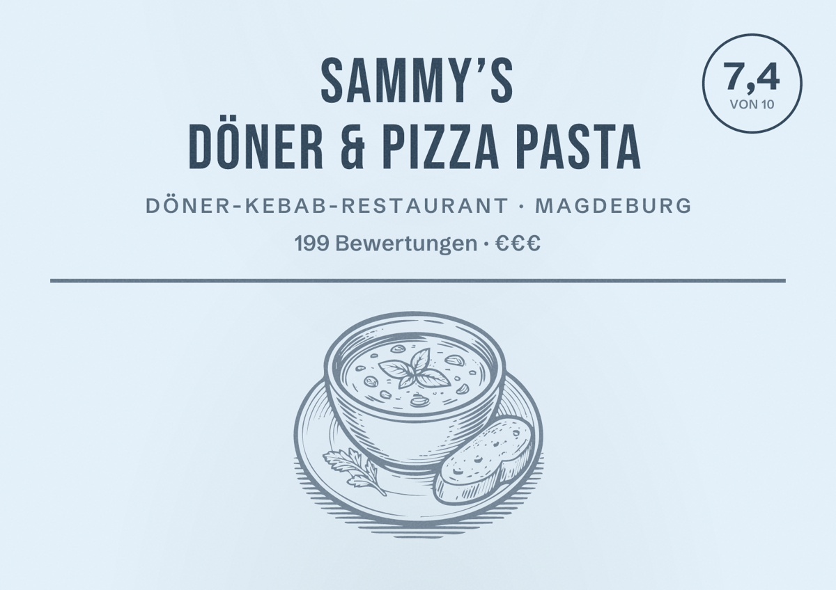 Illustriertes Poster von SAMMY’S DÖNER & PIZZA PASTA, Döner-Kebab-Restaurant in Magdeburg: Bewertung 7,4 von 10 aus 199 Bewertungen, Preisniveau €€€