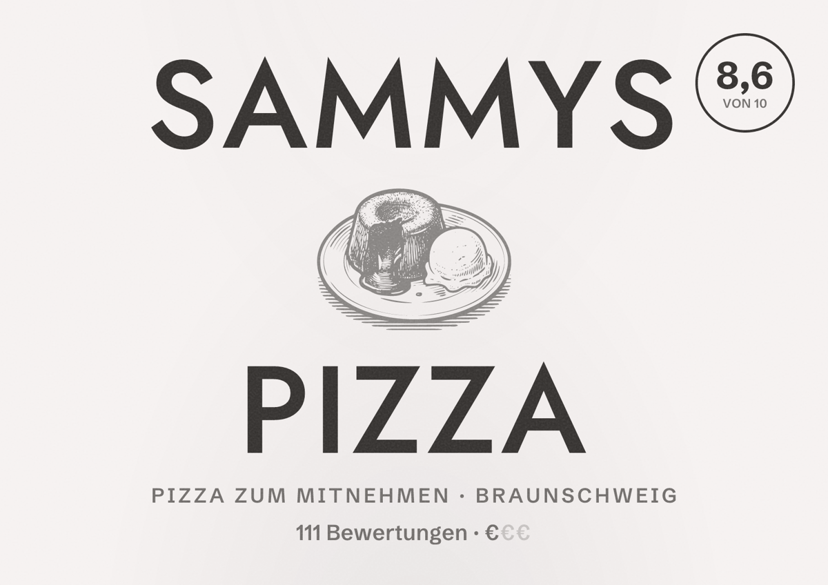 Illustriertes Poster von Sammys Pizza, Pizza zum Mitnehmen in Braunschweig: Bewertung 8,6 von 10 aus 111 Bewertungen, Preisniveau €
