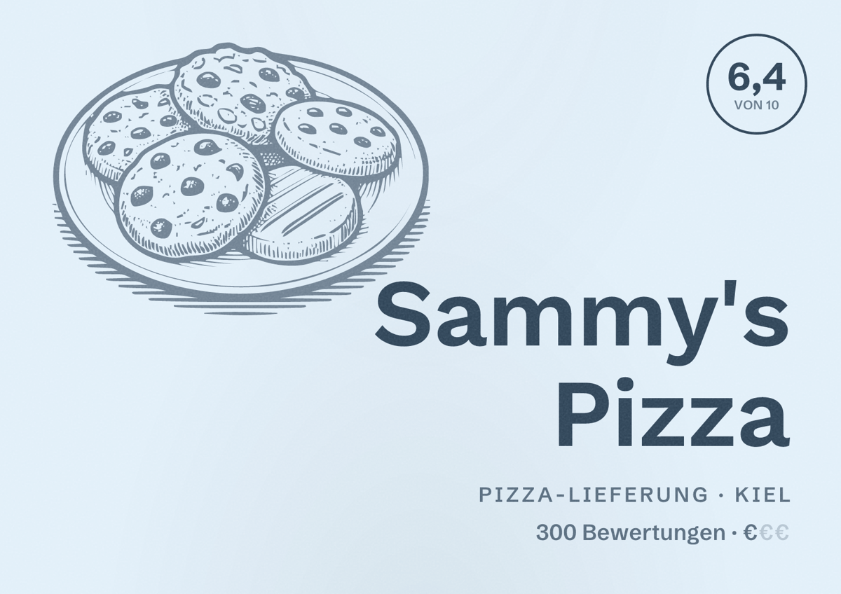 Illustriertes Poster von Sammy's Pizza, Pizza-Lieferung in Kiel: Bewertung 6,4 von 10 aus 300 Bewertungen, Preisniveau €
